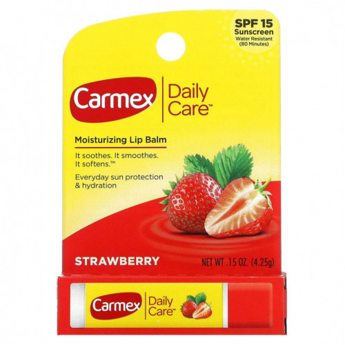 Carmex, Daily Care, увлажняющий бальзам для губ, клубника, SPF 15, 4,25 г (0,15 унции)