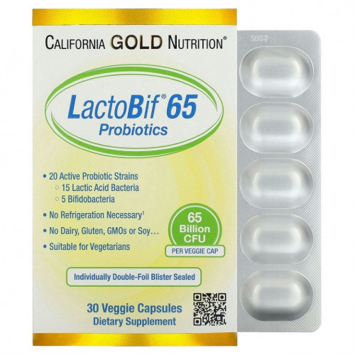 California Gold Nutrition, LactoBif, пробиотики, 65 млрд КОЕ, 30 вегетарианских капсул