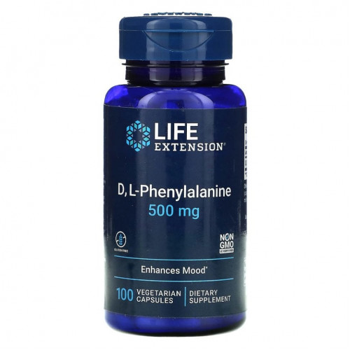 Life Extension, D, L-фенилаланин, 500 мг, 100 вегетарианских капсул