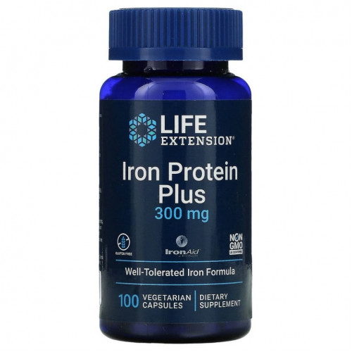 Life Extension, Iron Protein Plus, 300 мг, 100 вегетарианских капсул