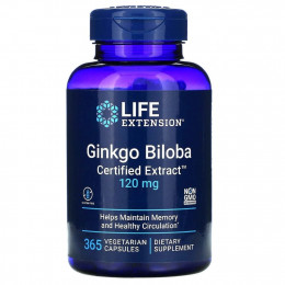 Life Extension, Ginkgo Biloba, Certified Extract, гинкго билоба, сертифицированный экстракт, 120 мг, 365 вегетарианских капсул