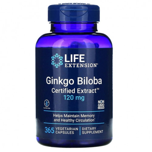 Life Extension, Ginkgo Biloba, Certified Extract, гинкго билоба, сертифицированный экстракт, 120 мг, 365 вегетарианских капсул