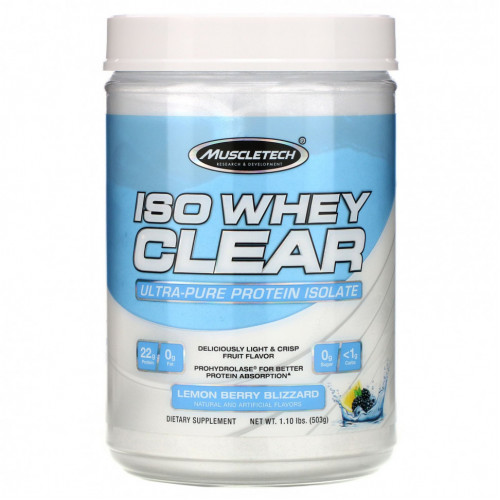 Muscletech, ISO Whey Clear, сверхчистый изолят протеина, лимонно-ягодная вьюга, 1,10 фунта (503 г)