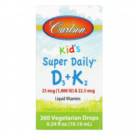 Carlson Labs, Super Daily D3+K2 для детей, 25 мкг (1000 МЕ) и 22,5 мкг, 10,16 мл (0,34 жидк. унции)