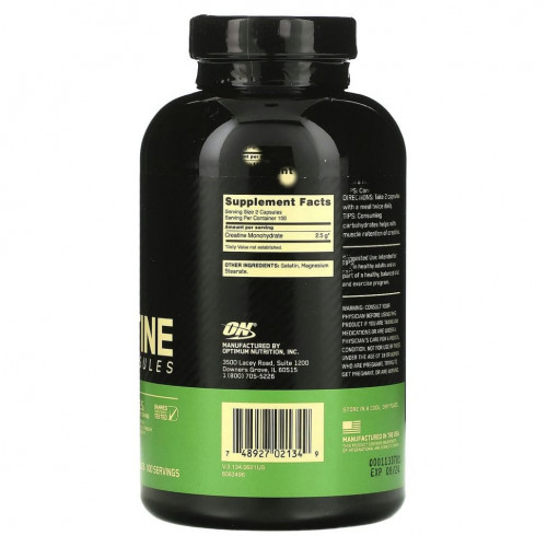 Optimum Nutrition, микронизированный креатин в капсулах, 2,5 г, 200 капсул