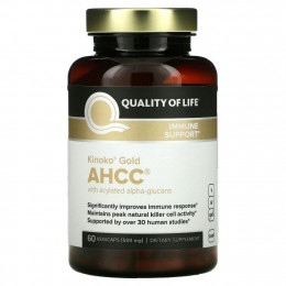 Quality of Life Labs, Kinoko Gold AHCC с ацилированными альфа-глюканами, 60 растительных капсул