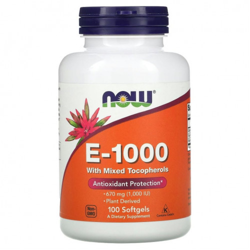 NOW Foods, E-1000, витамин E со смешанными токоферолами, 670 мг (1000 МЕ), 100 капсул