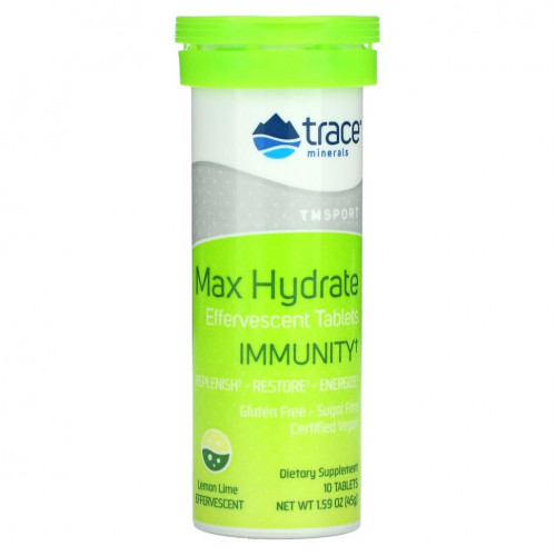 Trace Minerals ®, Max Hydrate Immunity, шипучие таблетки для пополнения электролито, со вкусом лимона и лайма, 10 таблеток, 45 г (1,59 унции)