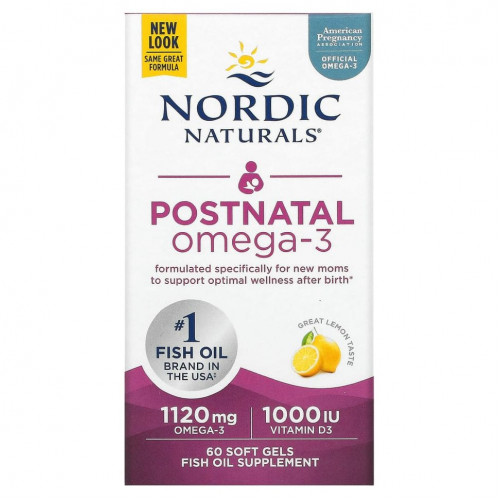 Nordic Naturals, омега-3 для приема после родов, лимон, 560 мг, 60 капсул