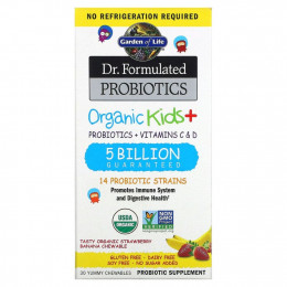 Garden of Life, Dr Formulated Probiotics, Organic Kids+, органические пробиотики для детей, со вкусом органической клубники и банана, 30 вкусных жевательных таблеток