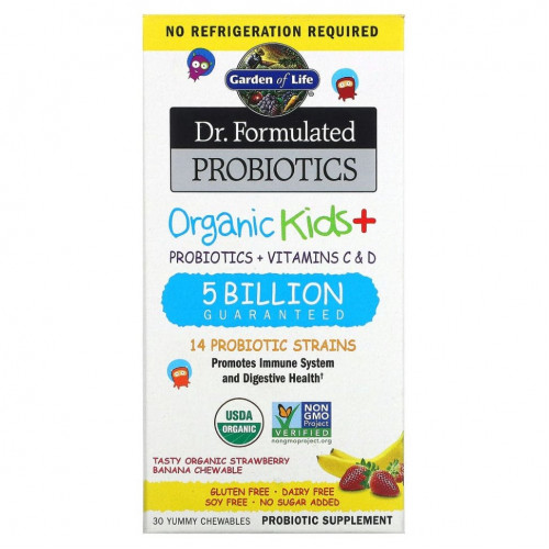 Garden of Life, Dr Formulated Probiotics, Organic Kids+, органические пробиотики для детей, со вкусом органической клубники и банана, 30 вкусных жевательных таблеток