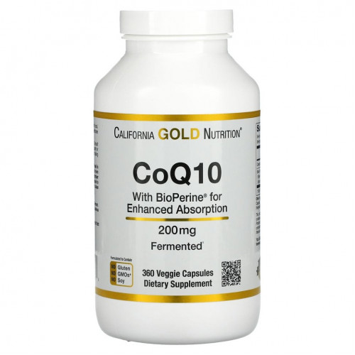 California Gold Nutrition, коэнзим Q10 USP с экстрактом BioPerine, 200 мг, 360 вегетарианских капсул