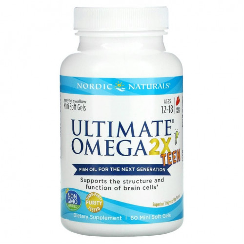 Nordic Naturals, Ultimate Omega 2X Teen, для подростков от 12 до 18 лет, со вкусом клубники, 60 мини-капсул