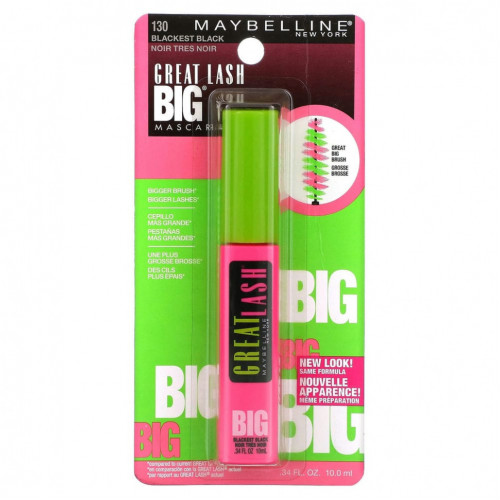 Maybelline, Тушь для ресниц Great Lash Big, оттенок 130 угольно-черный, 10 мл