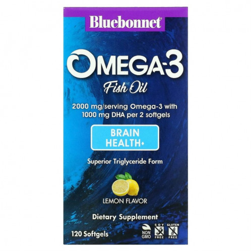 Bluebonnet Nutrition, омега-3 из рыбьего жира, здоровье мозга, лимонный вкус, 120 капсул