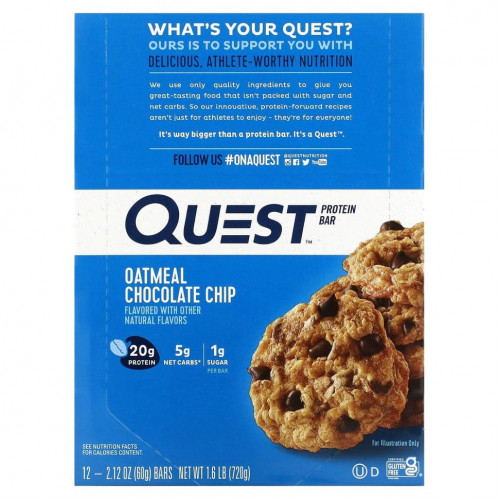 Quest Nutrition, протеиновый батончик, со вкусом овсяно-шоколадного печенья, 12 батончиков, весом 60 г (2,12 унции) каждый