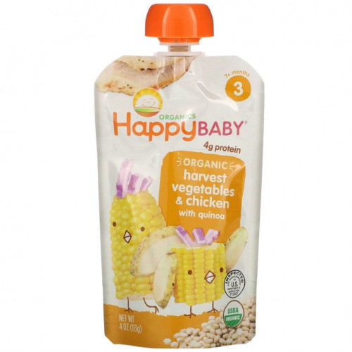 Happy Family Organics, Happy Baby, органическое детское питание, от 7 месяцев, овощи и курица с киноа, 113 г (4 унции)