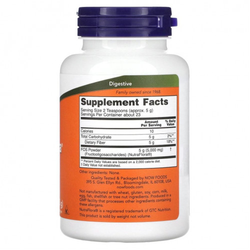 NOW Foods, NutraFlora, ФОС (фруктоолигосахарид), чистый порошок, 113 г (4 унции)