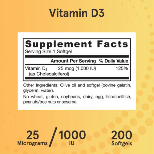 Jarrow Formulas, витамин D3, холекальциферол, 25 мкг (1000 МЕ), 200 мягких таблеток