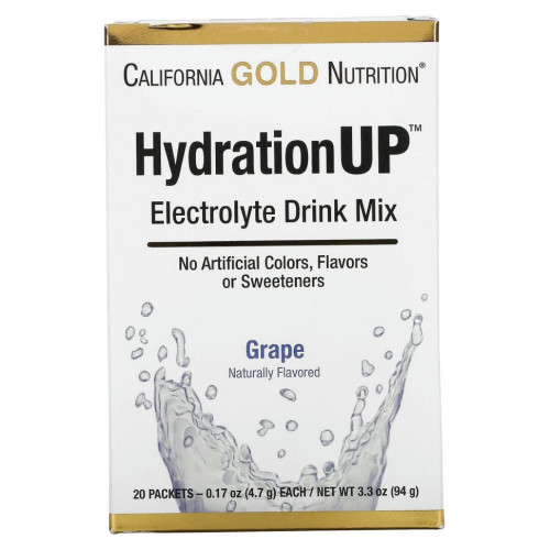 California Gold Nutrition, HydrationUP, смесь для приготовления электролитического напитка, со вкусом винограда, 20 пакетиков по 4,7 г (0,17 унции)