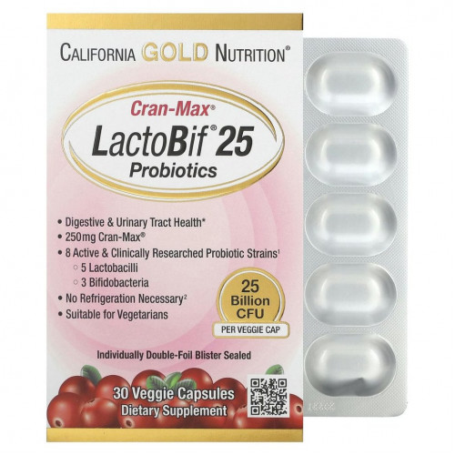 California Gold Nutrition, Lactobif, Cran-Max, пробиотики, 25 млрд КОЕ, 30 растительных капсул