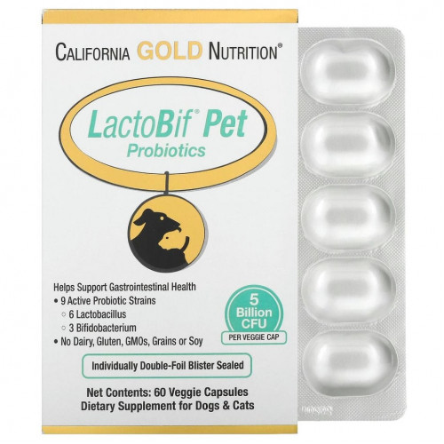 California Gold Nutrition, пробиотики LactoBif Pet, 5 млрд КОЕ, 60 растительных капсул