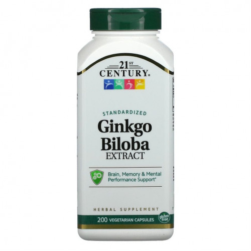 21st Century, Экстракт Ginkgo biloba, стандартизированный, 200 вегетарианских капсул