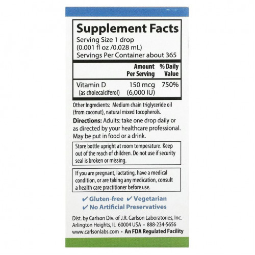 Carlson Labs, Super Daily D3, 150 мкг (6000 МЕ), 10,3 мл (0,35 жидкой унции)