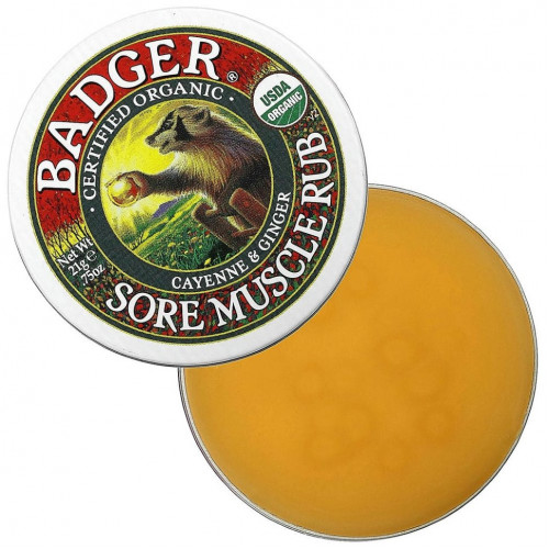 Badger Company, Sore Muscle Rub, мазь от боли в мышцах с кайенским перцем и имбирем, 21 г (0,75 унции)