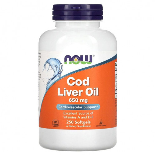 NOW Foods, Cod Liver Oil, 650 мг, 250 мягких желатиновых капсул