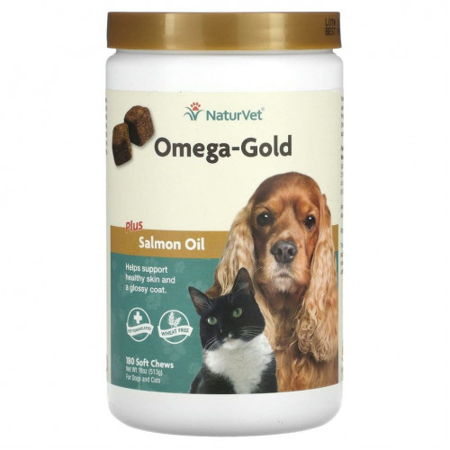 NaturVet, Omega-Gold с жиром лосося, добавка для собак и котов, улучшение состояния кожи и шерсти, 180 мягких жевательных таблеток