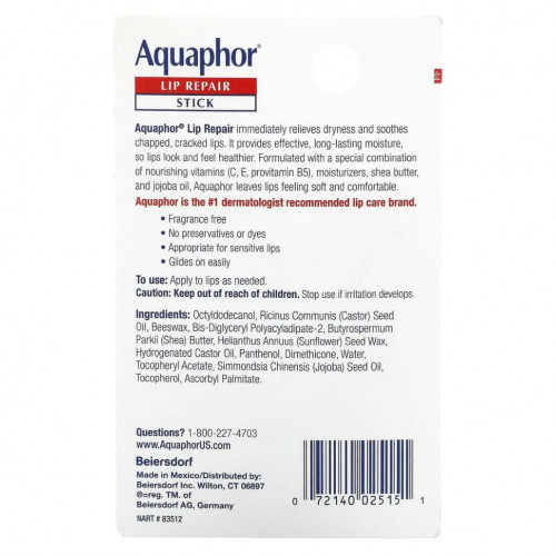 Aquaphor, Восстанавливающий бальзам для губ, помада, мгновенное восстановление, без запаха, 1 шт., 4,8 г (0,17 унции)