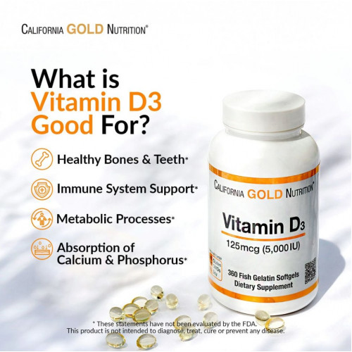 California Gold Nutrition, витамин D3, 125 мкг (5000 МЕ), 360 капсул из рыбьего желатина