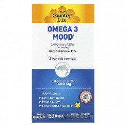 Country Life, Omega 3 Mood, с натуральным вкусом лимона, 180 мягких желатиновых капсул