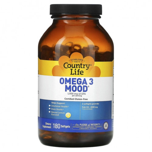 Country Life, Omega 3 Mood, с натуральным вкусом лимона, 180 мягких желатиновых капсул