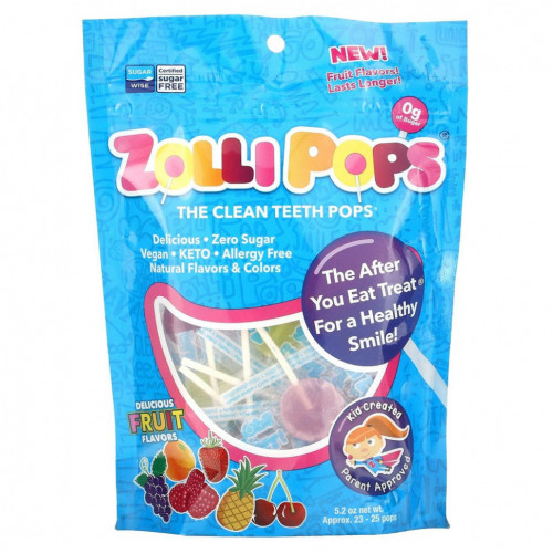 Zollipops, The Clean Teeth Pops, леденцы для чистки зубов, клубника, апельсин, малина, вишня, виноград, ананас, прибл. 23–25 леденцов ZolliPops, 147 г (5,2 унции)