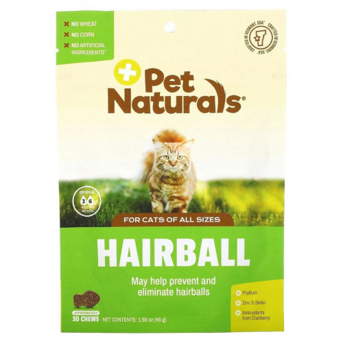 Pet Naturals of Vermont, добавка для выведения комков шерсти, для кошек, около 30 жевательных таблеток, 45 г (1,59 унции)