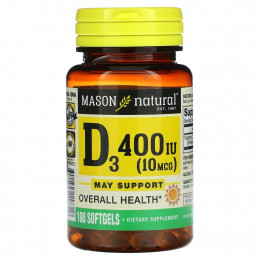 Mason Natural, Витамин D3, 10 мкг (400 МЕ), 100 мягких таблеток