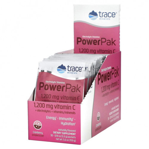 Trace Minerals ®, электролит для повышения выносливости, PowerPak, со вкусом клюквы, 30 пакетиков по 5,3 г (0,19 унции)