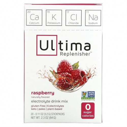 Ultima Replenisher, Электролитовая добавка, малина, 20 пакетов, 3,2 г (0,11 унций) каждый