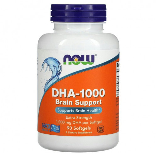 NOW Foods, DHA-1000 для улучшения работы мозга, с повышенной силой действия, 1000 мг, 90 мягких таблеток