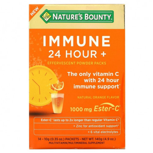 Nature's Bounty, Immune 24 Hour + шипучий порошок в пакетиках, натуральный апельсин, 14 пакетиков по 10 г (0,35 унции) каждый