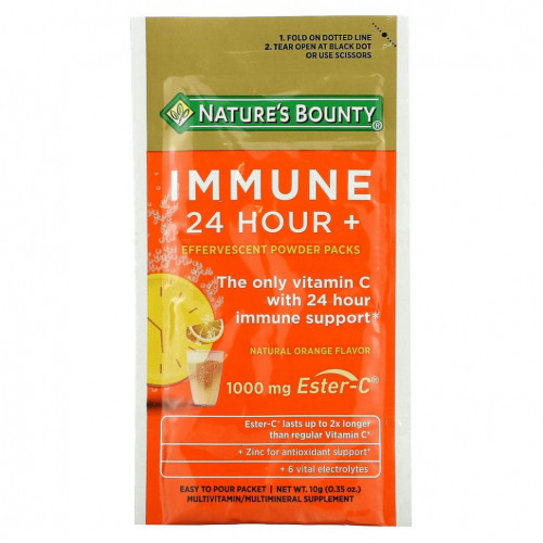 Nature's Bounty, Immune 24 Hour + шипучий порошок в пакетиках, натуральный апельсин, 14 пакетиков по 10 г (0,35 унции) каждый