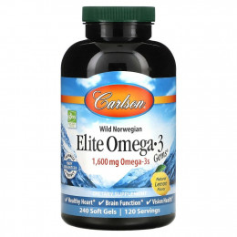 Carlson Labs, Elite Omega-3 Gems, отборные омега-3 кислоты, натуральный лимонный вкус, 800 мг, 240 мягких таблеток