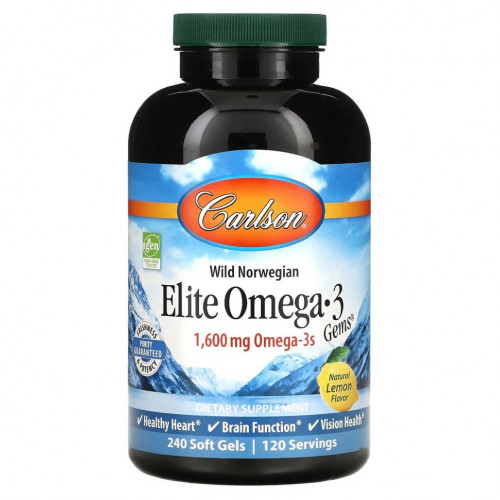 Carlson Labs, Elite Omega-3 Gems, отборные омега-3 кислоты, натуральный лимонный вкус, 800 мг, 240 мягких таблеток