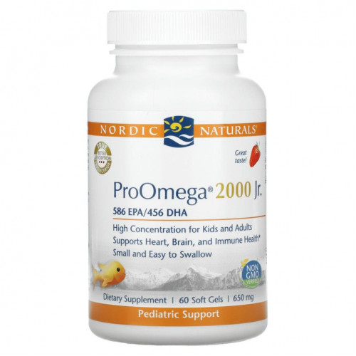 Nordic Naturals, Детская добавка ProOmega 2000, со вкусом клубники, 650 мг, 60 мягких желатиновых капсул