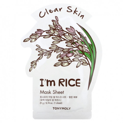 Tony Moly, I'm Rice, тканевая маска для чистой кожи, 1 шт., 21 г (0,74 унции)