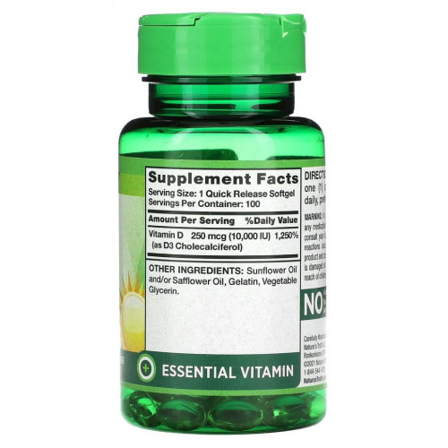 Nature's Truth, Vitamin D3, High Potency, 250 mcg (10,000 IU), 100 Quick Release Softgels