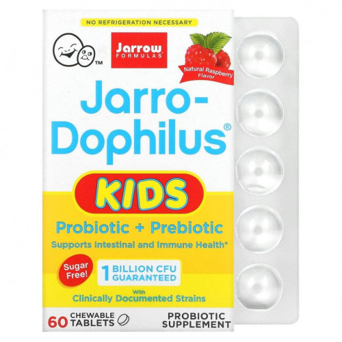 Jarrow Formulas, Jarro-Dophilus Kids, пробиотик + пребиотик, без сахара, натуральный малиновый вкус, 1 миллиард живых бактерий, 60 жевательных таблеток