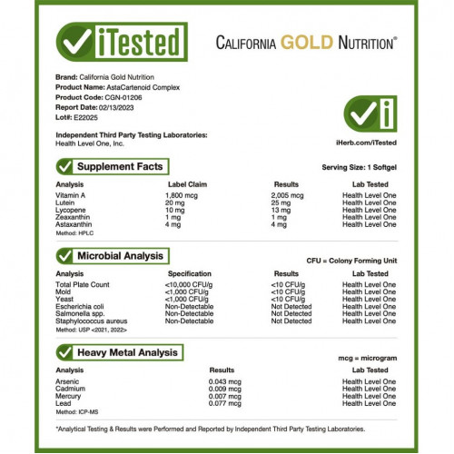 California Gold Nutrition, AstaCarotenoid, комплекс с лютеином, ликопином и астаксантином, 30 растительных мягких таблеток